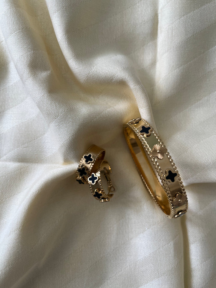 Siyah Yonca Detay Çelik Bileklik Set