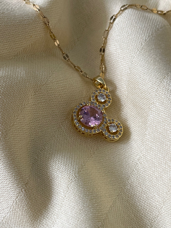 Mickey Pembe Taş Detay Çelik Kolye